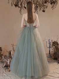 Gray green tulle long prom dress, gray green tulle formal dress