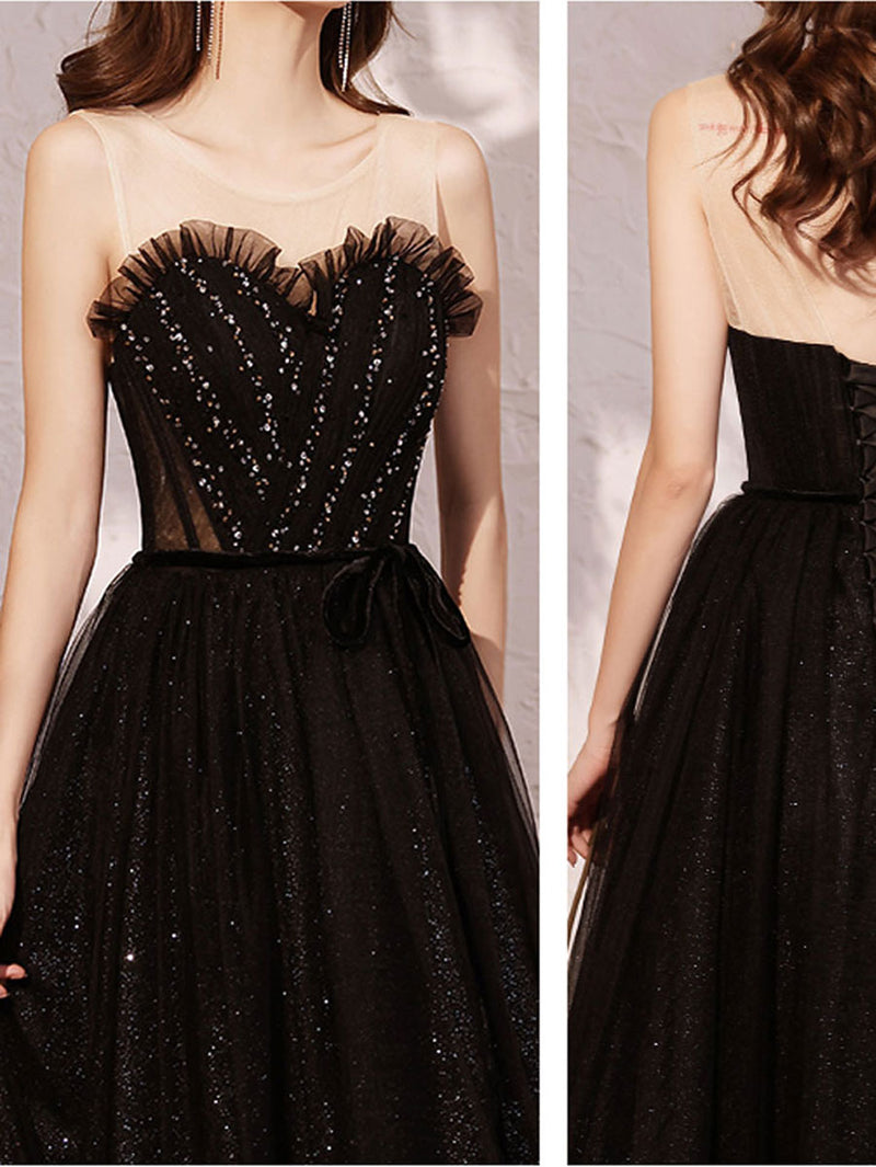 Black A line sequin long prom dress, black evening dress