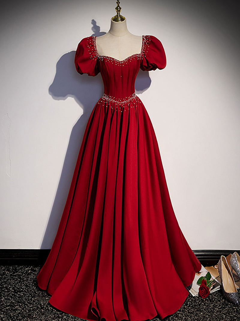 maroon a line prom dress ZAPAKA Women Burgundy Long Prom Dress with Slit A Line Satin Square Neck Evening Party Dress with Pearls, Burgundy / US18W