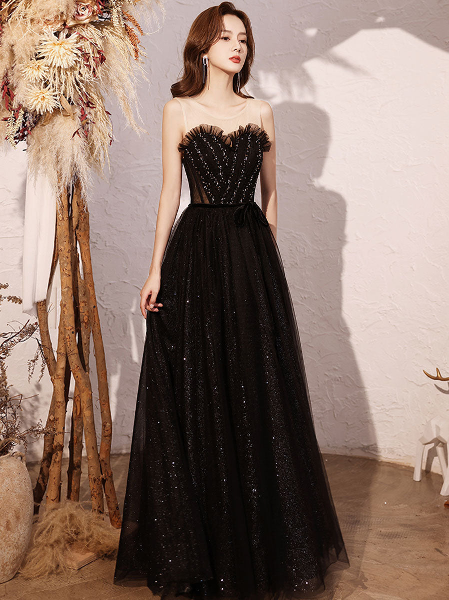 Black A line sequin long prom dress, black evening dress – toptby