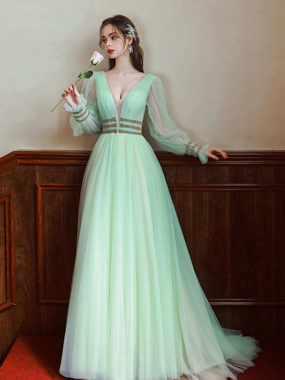 Green V Neck Tulle Green Long Prom Dresses, Green Long Formal Evening toptby Green V Neck Tulle Green Long Prom Dresses, Green Long Formal Evening toptby