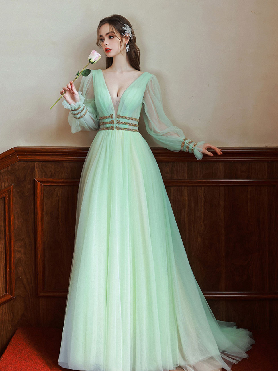 Green V Neck Tulle Green Long Prom Dresses, Green Long Formal Evening Dresses