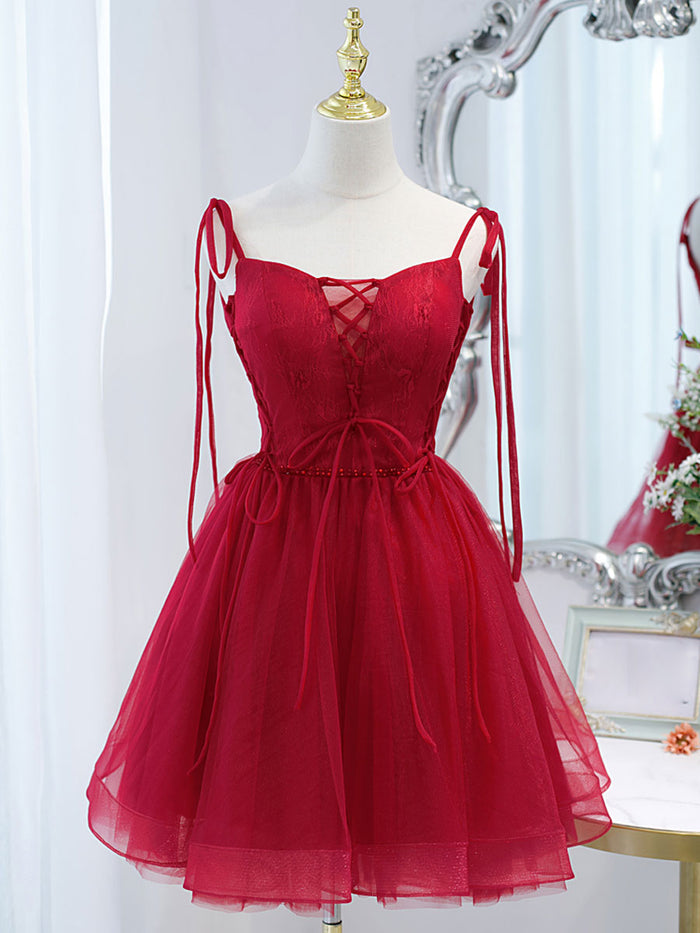 Burgundy tulle lace short prom dress burgundy homecoming dress