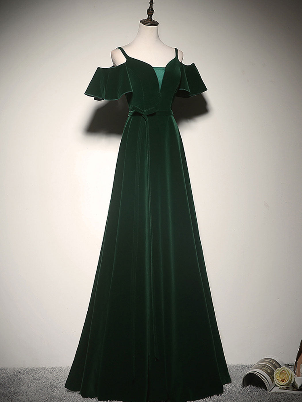 Green A-Line Velvet Long Prom Dresses, Green Formal Evening Dress toptby Green A-Line Velvet Long Prom Dresses, Green Formal Evening Dress toptby