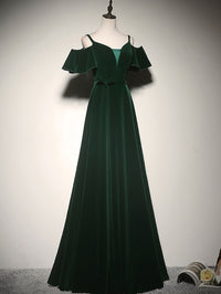 Green A-Line Velvet Long Prom Dresses, Green Formal Evening Dress
