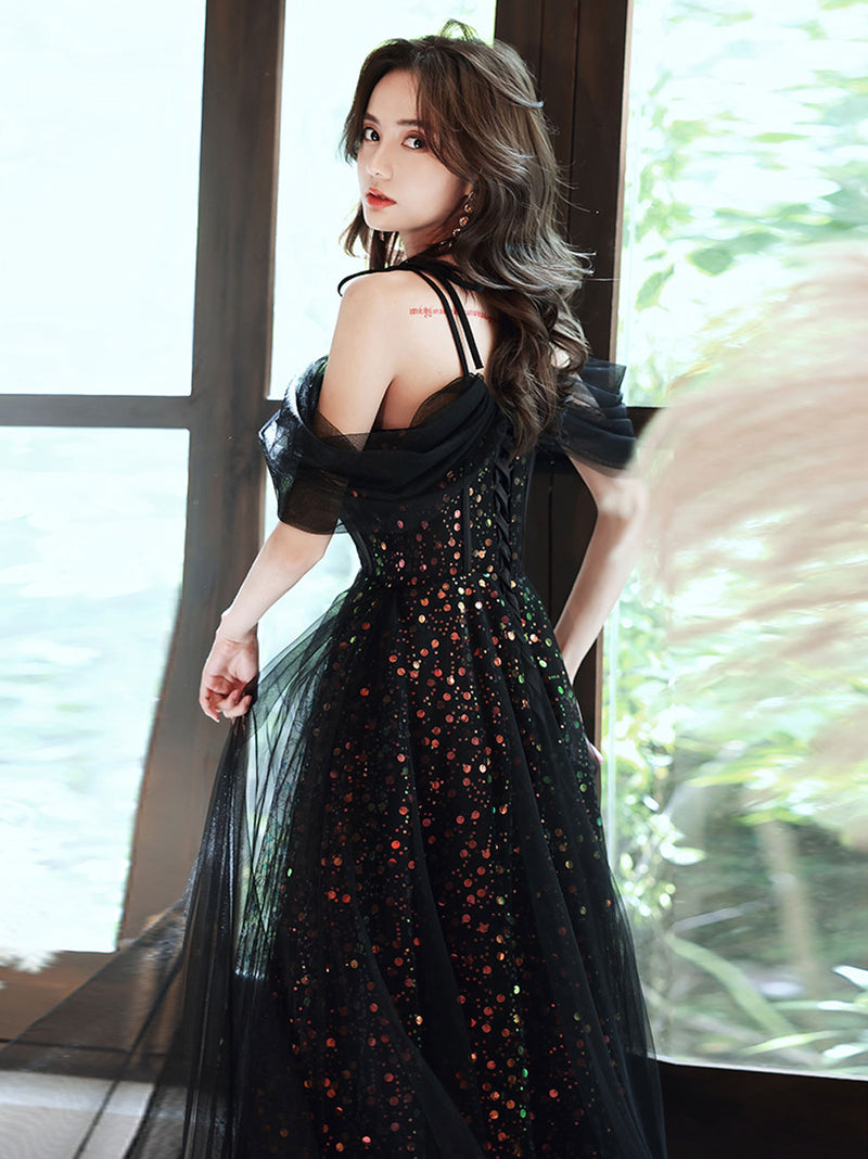 Black A Line Off Shoulder Tulle Long Prom Dresses, Black Formal Evenin toptby Black A Line Off Shoulder Tulle Long Prom Dresses, Black Formal Evenin toptby