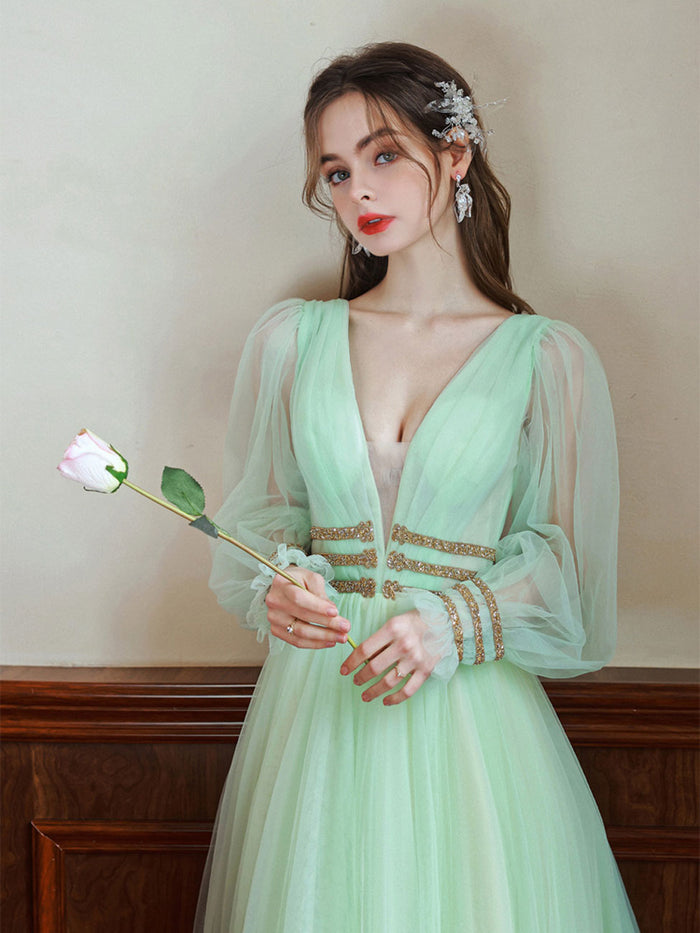 Green V Neck Tulle Green Long Prom Dresses, Green Long Formal Evening Dresses