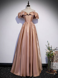 Simple A line satin champagne long prom dress, champagne evening dress