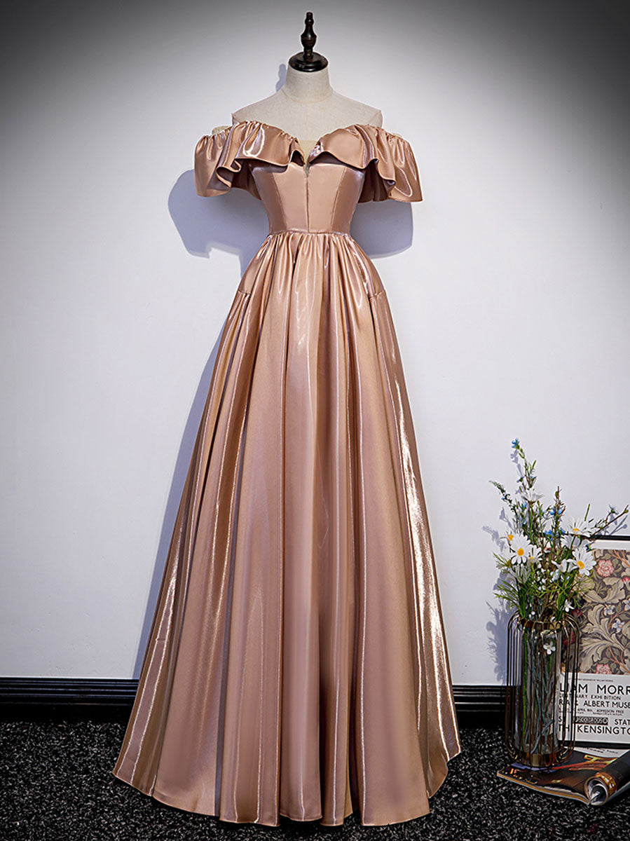 Simple A line satin champagne long prom dress, champagne evening dress   toptby