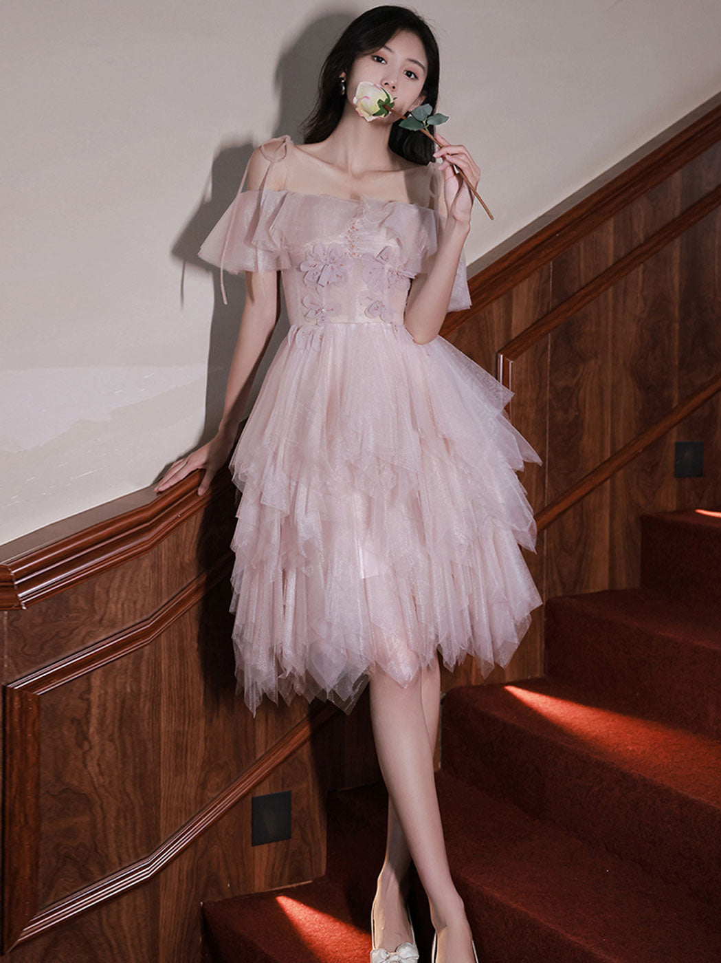 short pink puff sleeve tulle dress Short Puff Sleeves Pink A-line Babydoll Homecoming Dress Pink / US 12