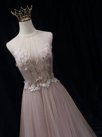 Pink A line tulle lace long prom dress pink tulle long evening dress