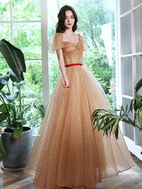 Champagne A line long prom dress sweetheart neck tulle formal evening dress