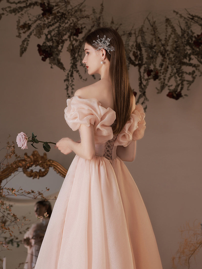 Pink tulle off shoulder tea length prom dress, pink formal dress