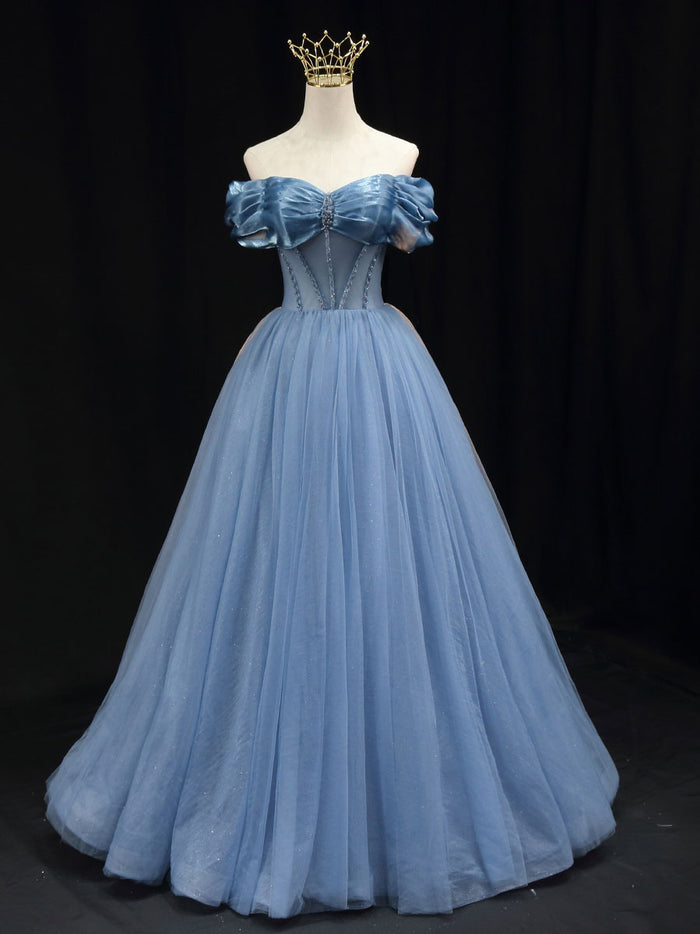 Blue off shoulder tulle long prom dress, blue tulle formal dress