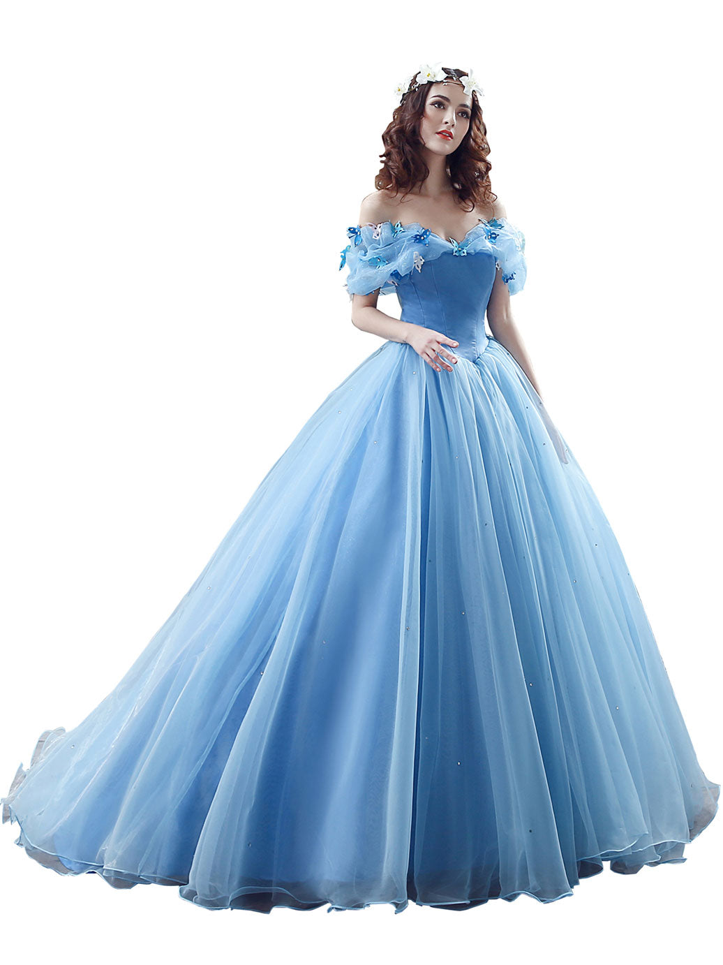 Blue tulle off shoulder long prom dress, blue tulle sweet 16 dress – toptby