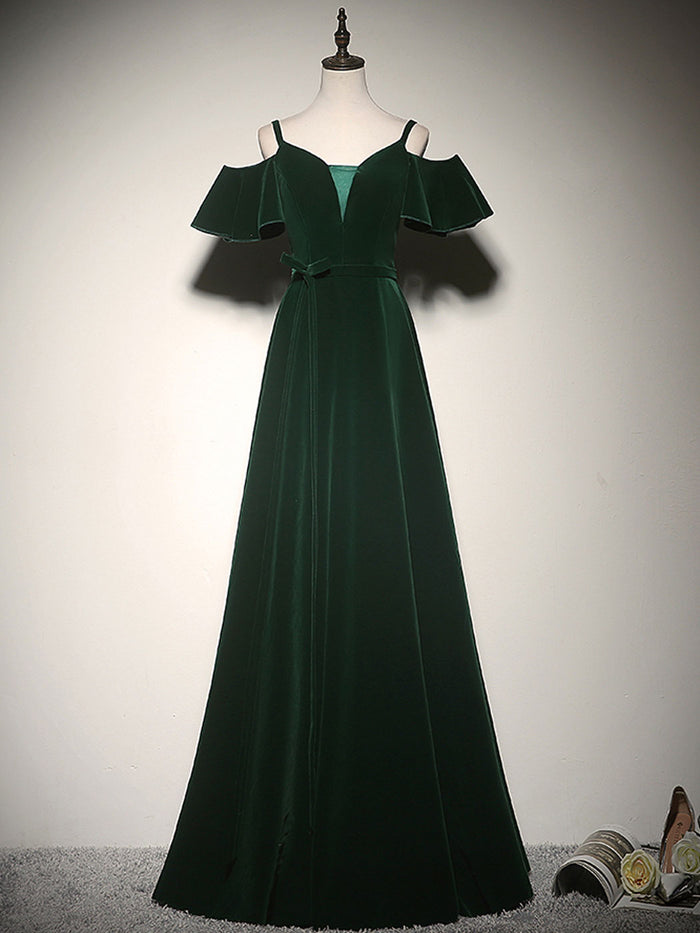 Green A-Line Velvet Long Prom Dresses, Green Formal Evening Dress