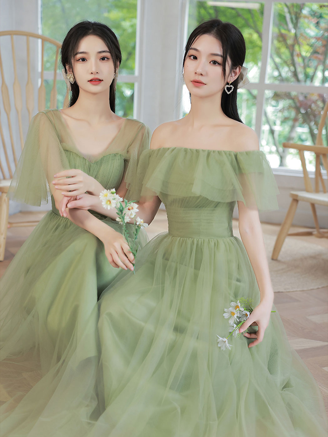 Beautiful Gradient Tulle Green Long Sleeves Party Dress, Green Evening