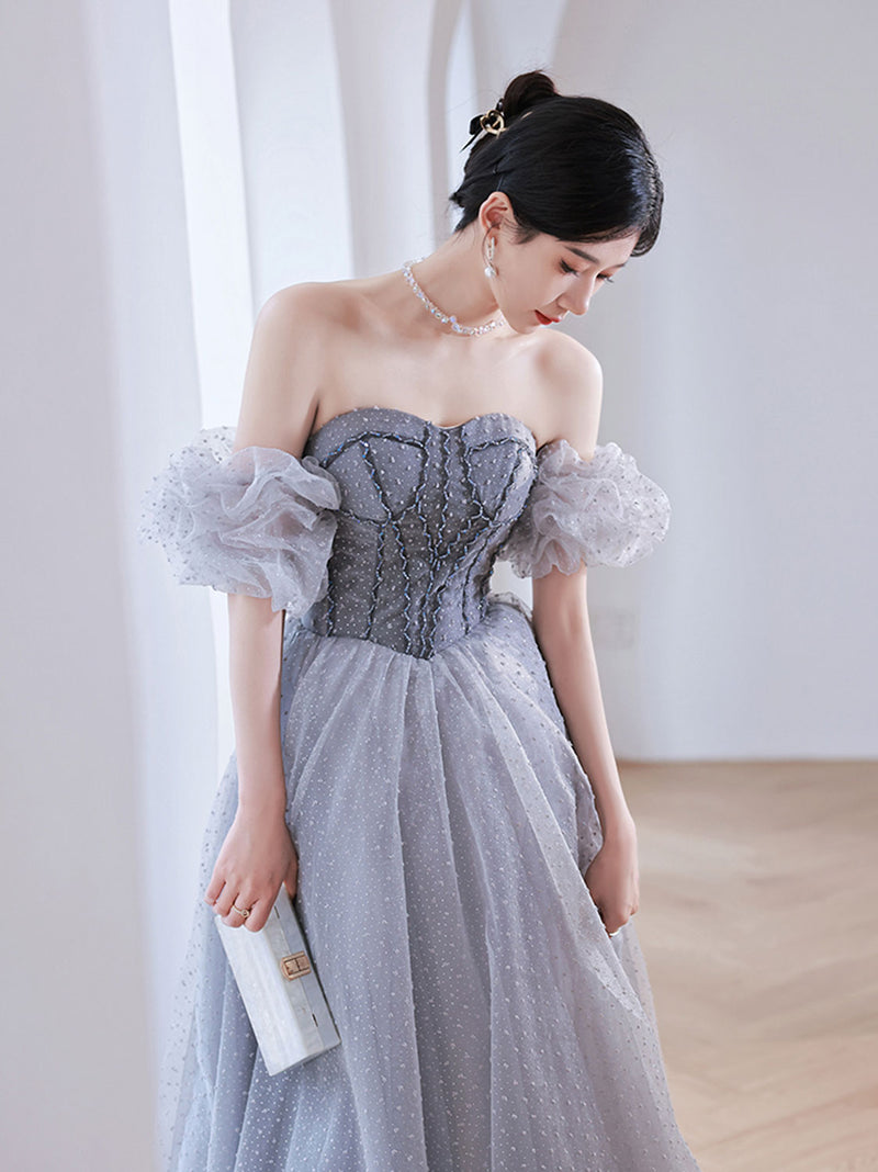 Gray A line tulle long prom dress gray tulle formal dress