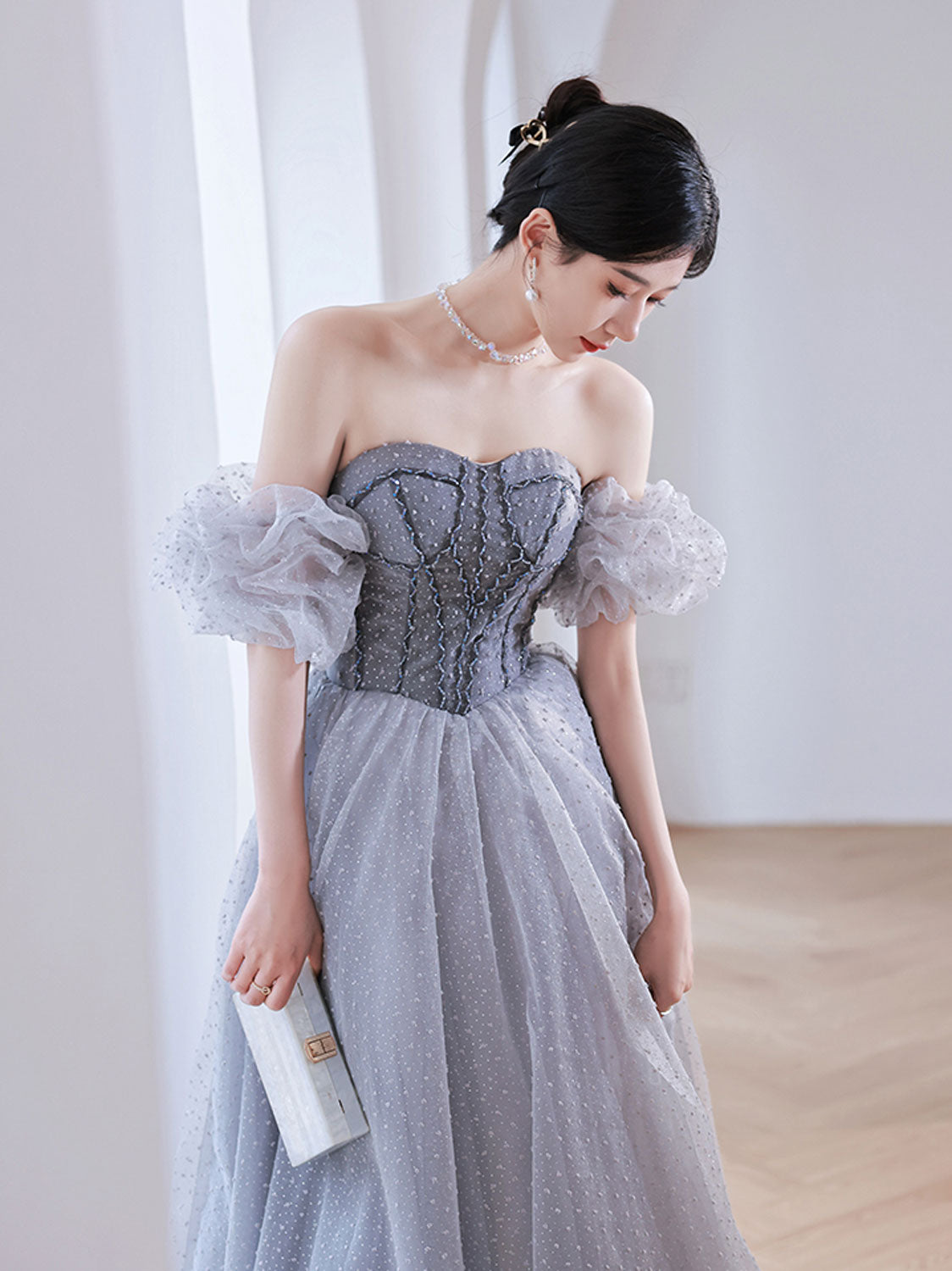 Gray A line tulle long prom dress gray tulle formal dress toptby Gray A line tulle long prom dress gray tulle formal dress toptby
