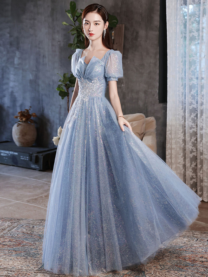 A-Line Blue Tulle Shiny Long Prom Dress, Blue Formal Evening Dresses