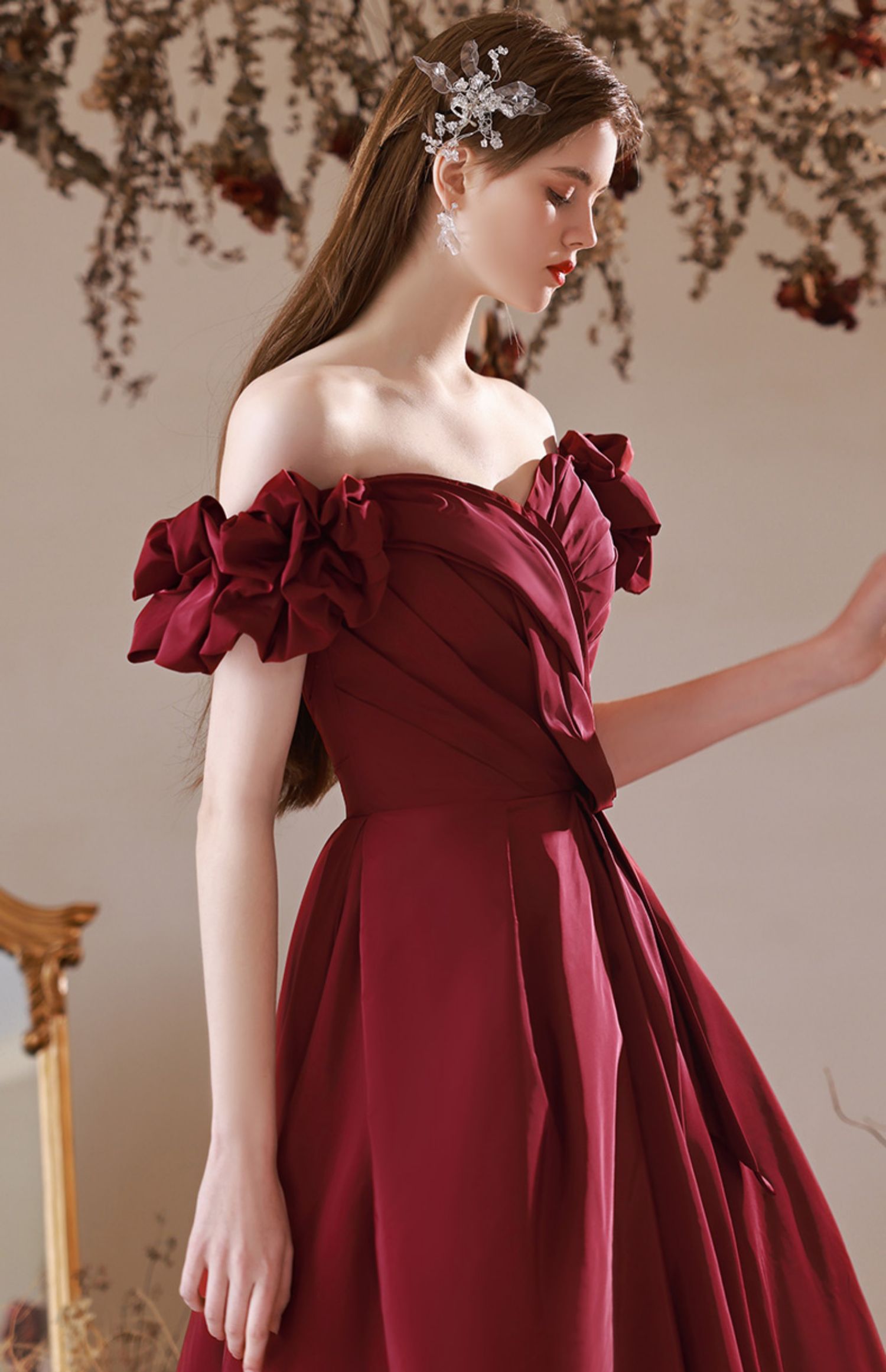 Ball Gown Cap Sleeve Sexy V Neck Burgundy Prom Dress Long Sparkly Prom –  cathyprom