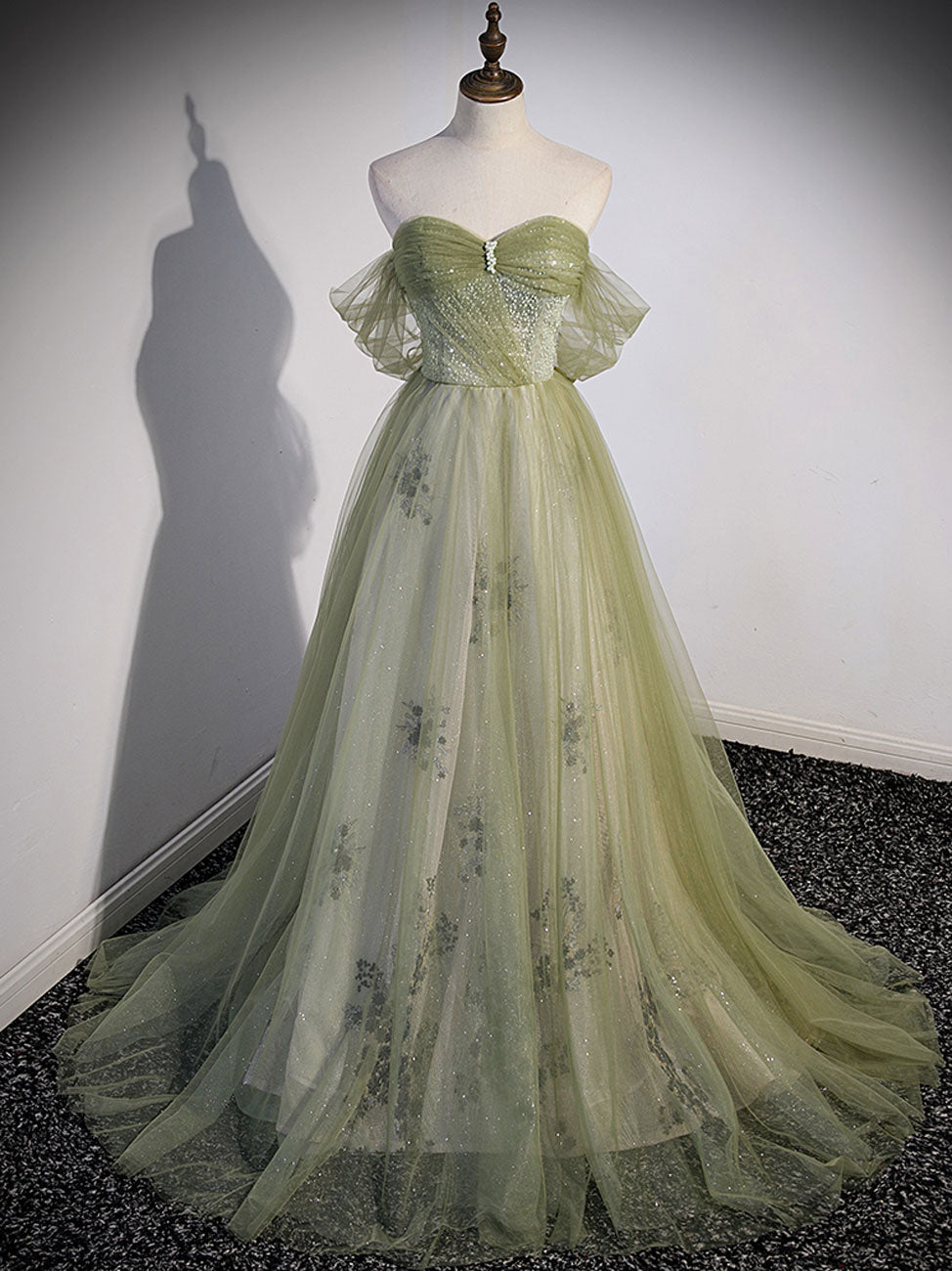 Aline Green Long Prom Dress, Green Tulle Formal Evening Dress