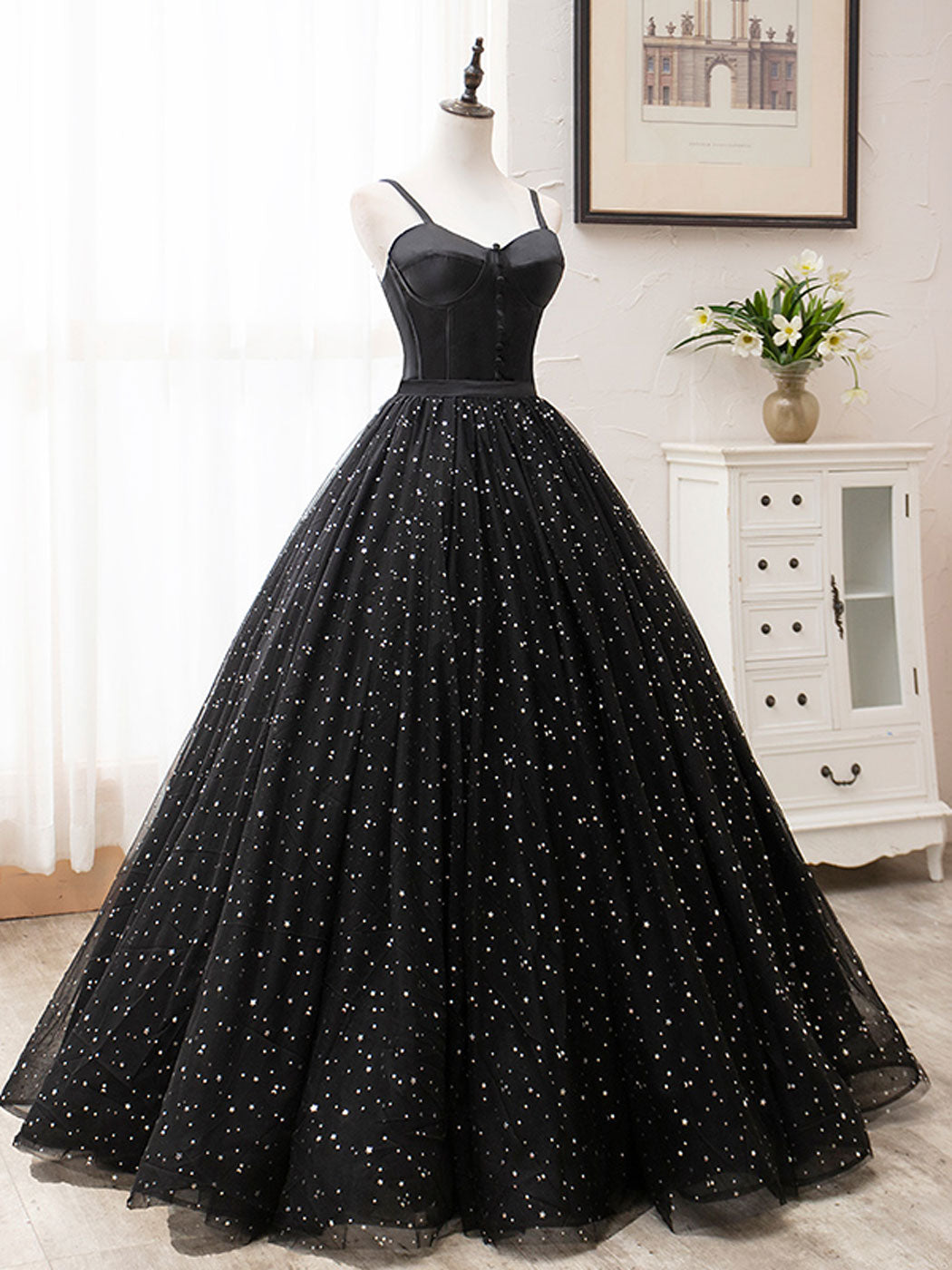 Black A-Line Tulle Long Prom Dress, Black Formal Evening Dresses