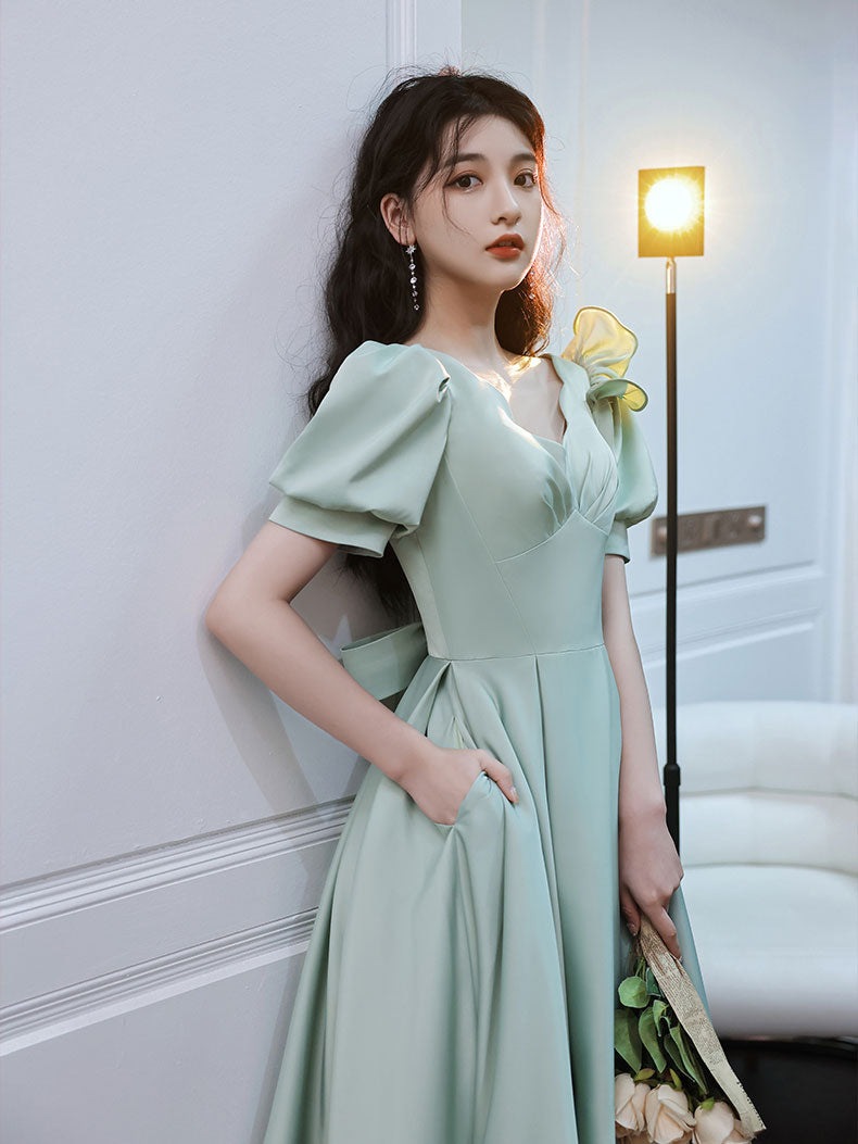 Simple green v neck satin short prom dress, green evening dress