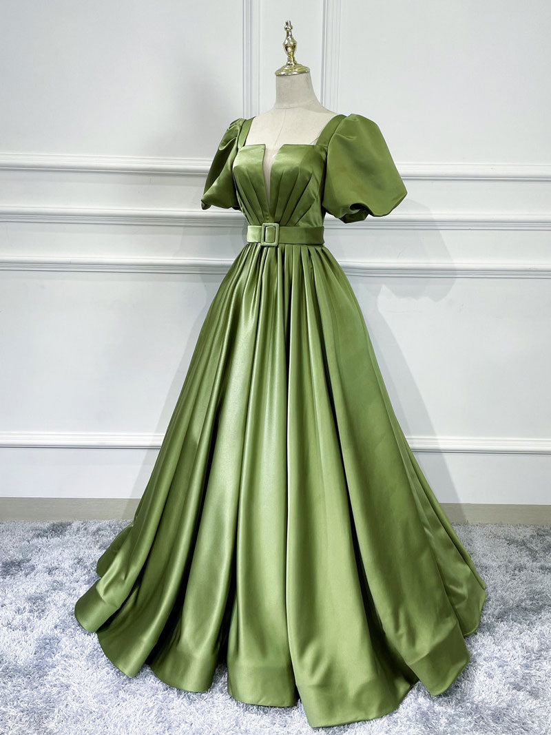 Green A line satin long prom dress, green formal evening dress