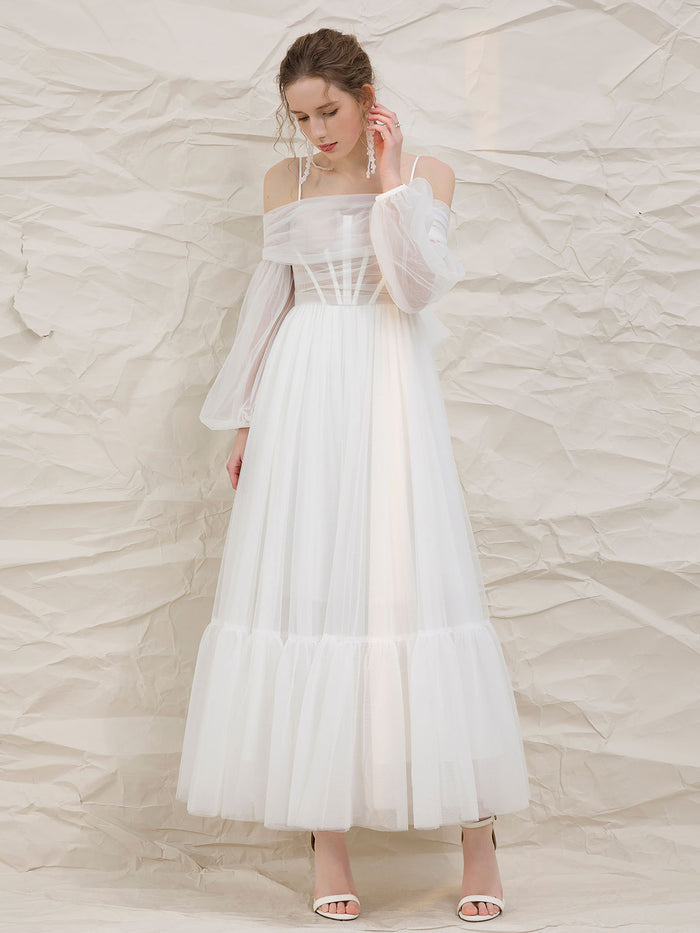 Aline Tea Length White Prom Dresses, White Formal Graduation Dresses