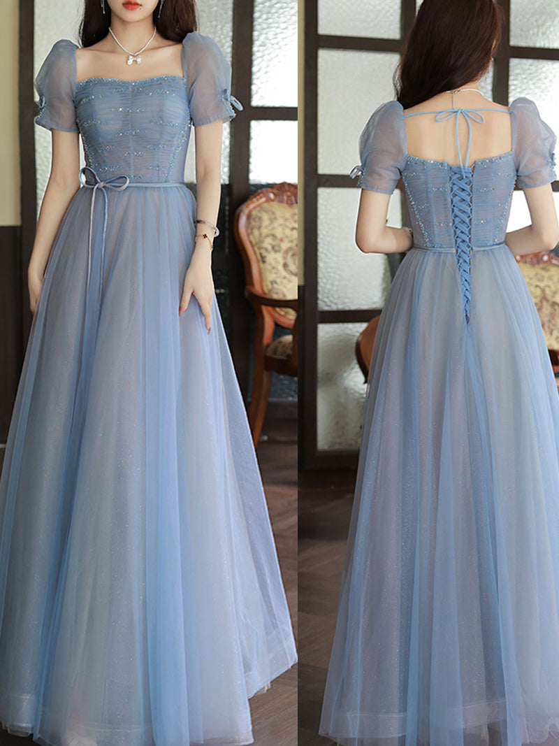 Blue A-Line Tulle Sequin Long Prom Dresses, Blue Formal Evening Dresses