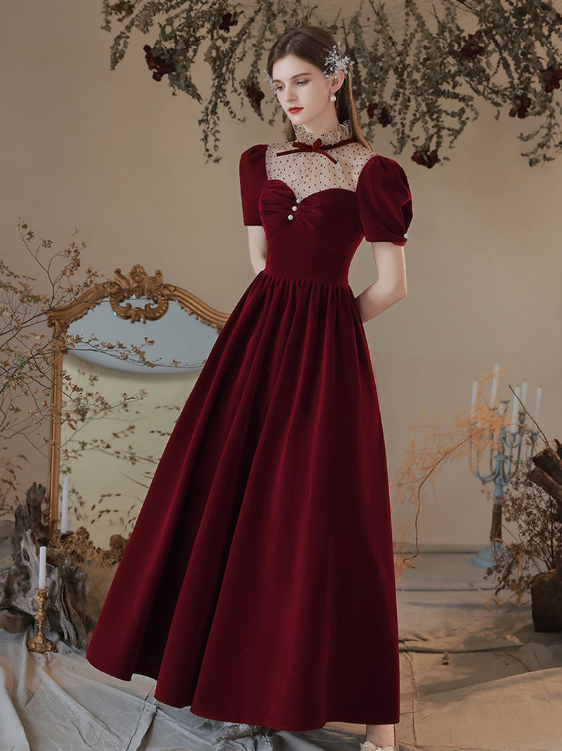 A line Velvet Tea Length Burgundy Prom Dresses, Formal Burgundy Velvet toptby A line Velvet Tea Length Burgundy Prom Dresses, Formal Burgundy Velvet toptby