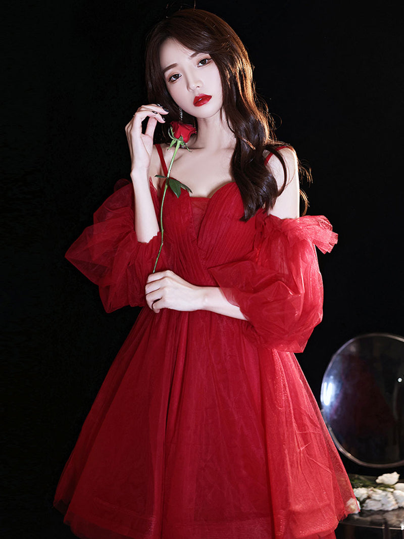 Red sweetheart neck tulle short prom dress cute homecoming dress – toptby