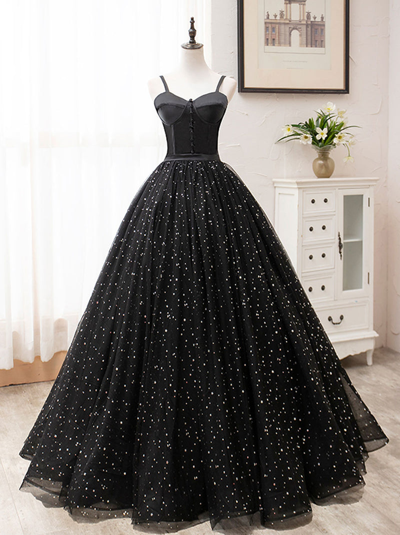 Black A-Line Tulle Long Prom Dress, Black Formal Evening Dresses