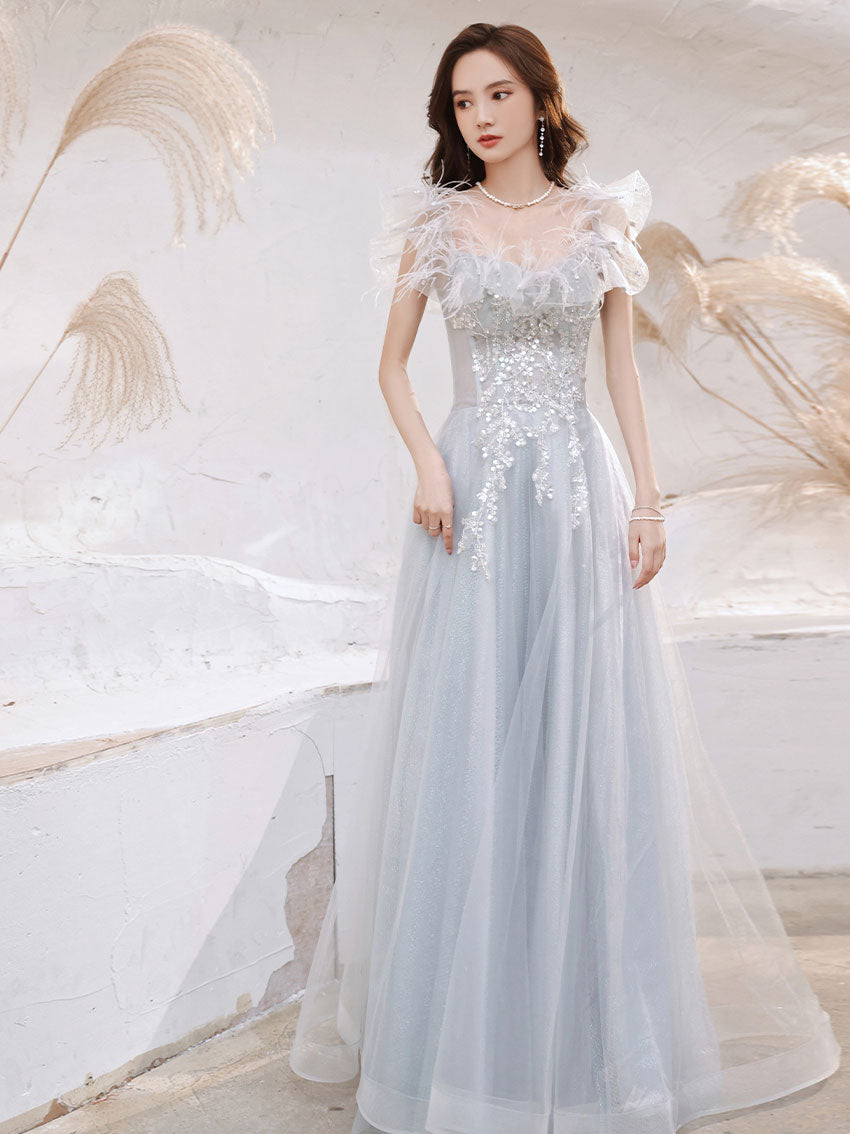 Aline Gray Long Prom Dresses, Gray Formal Graduation with Sequin Beading