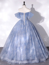 Blue A-Line Tulle Lace Long Prom Dress, Blue Formal Graduation Dress
