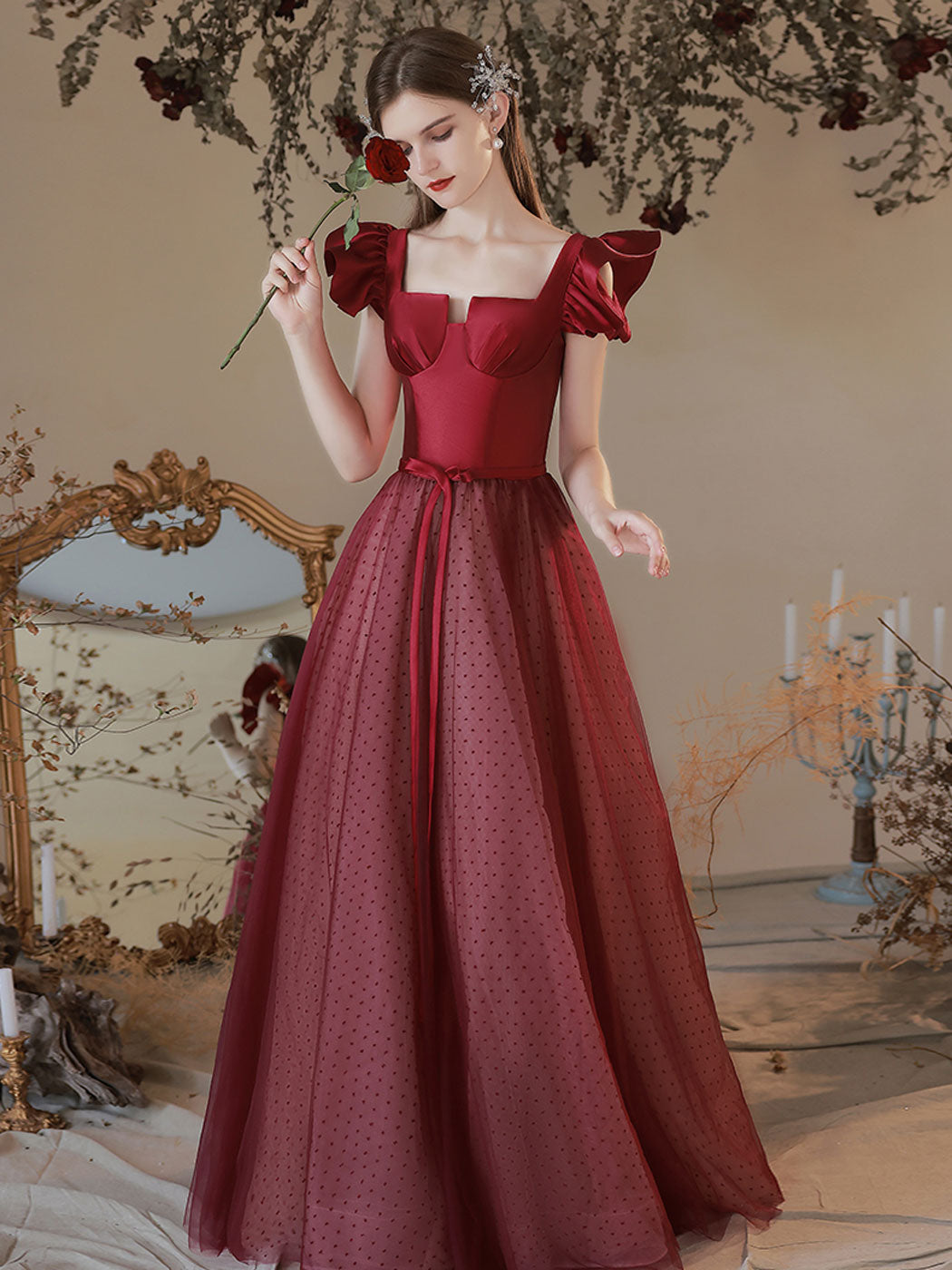 Aline Square Neckline Burgundy Long Prom Dresses, Burgundy Formal Evening Dresses Aline Square Neckline Burgundy Long Prom Dresses, Burgundy Formal Evening Dresses