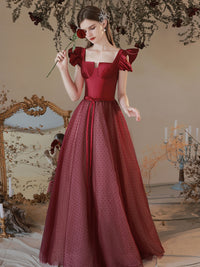 Aline Square Neckline Burgundy Long Prom Dresses, Burgundy Formal Evening Dresses