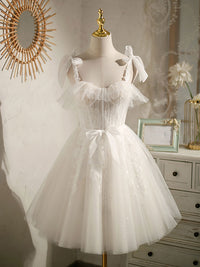 White sweetheart neck tulle lace short prom dress, white tulle formal dress