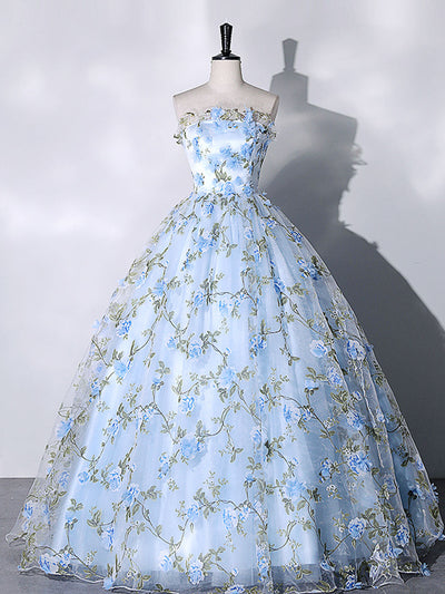 Stunning Dsuty Blue Tulle Long Formal Dress with Appliques,DP386