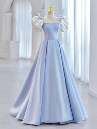 Blue Satin Long Prom Dress, Blue Formal Evening Dresses