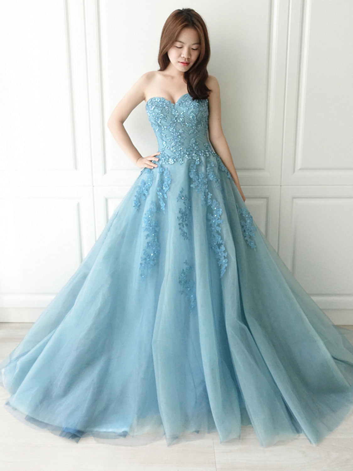 Blue sweetheart neck tulle lace long prom dress, blue tulle formal dress