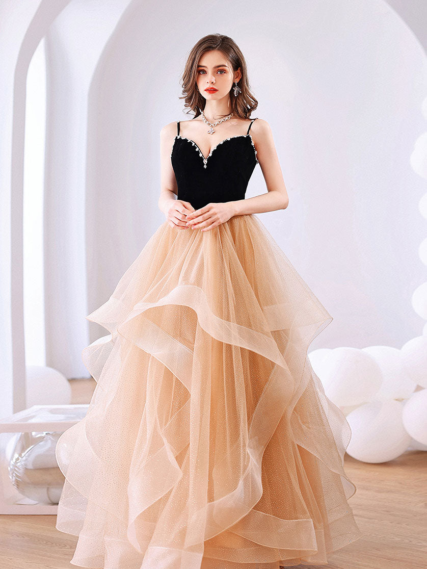 champagne sweet 16 dress A-Line Tulle Lace Champagne Long Prom Dress, Champagne Formal Sweet 16 Dress Custom Size / Custom Color