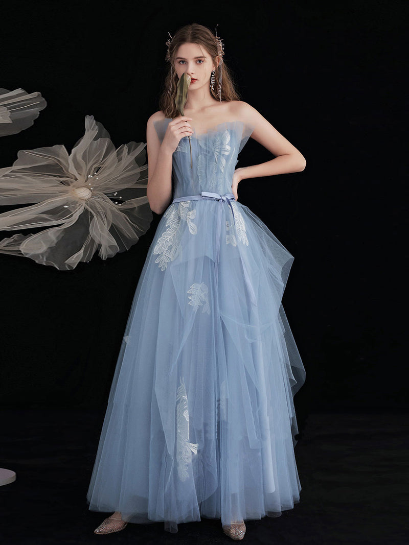 Blue tulle lace long prom dress, blue A line lace evening dress