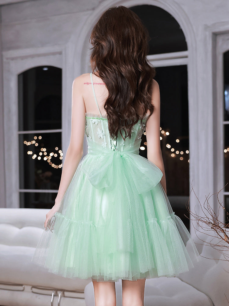 Green sweetheart neck tulle lace short prom dress green homecoming dress