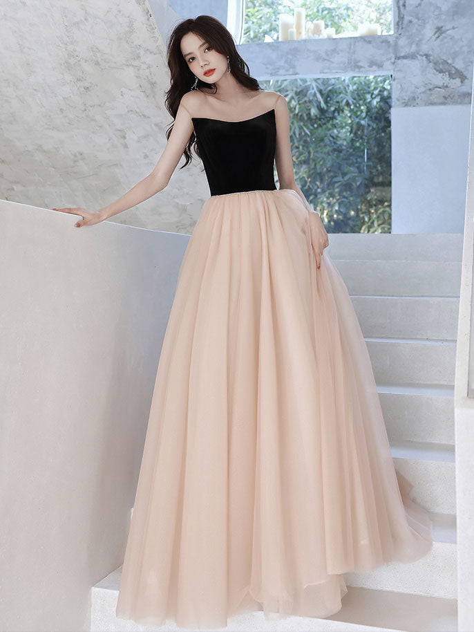 Champagne A line tulle long prom dress, champagne evening dress toptby Champagne A line tulle long prom dress, champagne evening dress toptby