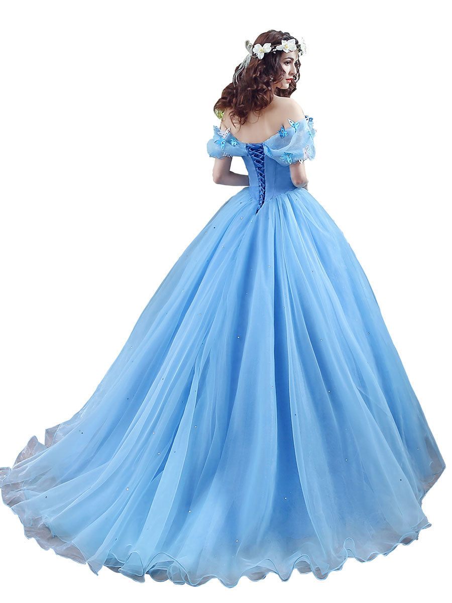 Blue tulle off shoulder long prom dress, blue tulle sweet 16 dress