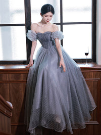 Gray A line tulle long prom dress gray tulle formal dress