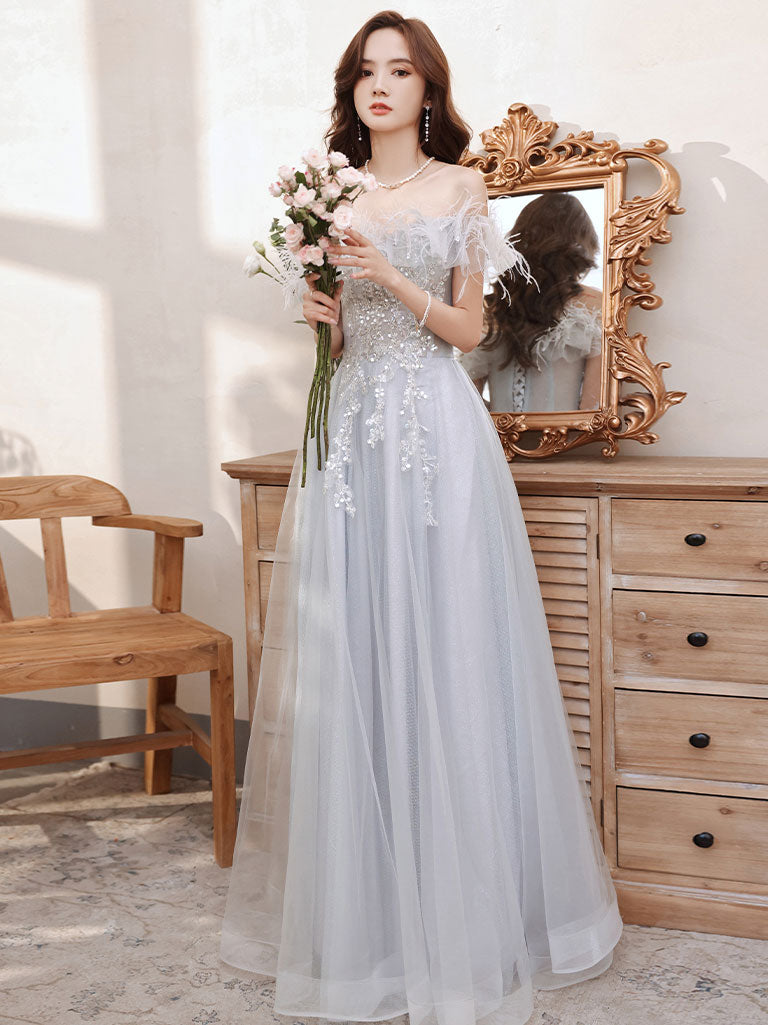 Aline Gray Long Prom Dresses, Gray Formal Graduation with Sequin Beading