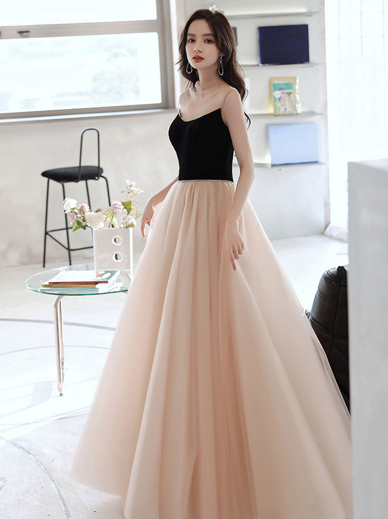 Champagne A line tulle long prom dress, champagne evening dress